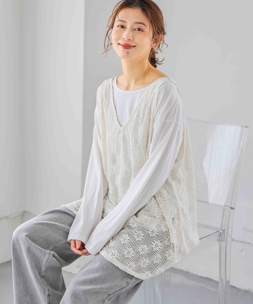 studio CLIP(スタディオクリップ)の「メッシュジャガードチュニックベスト(ベスト・レディース・カーキ/オフホワイト・FREE)」の3枚目の写真