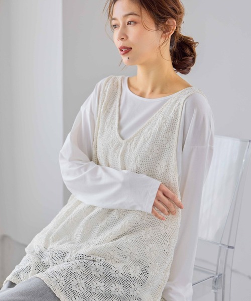 studio CLIP(スタディオクリップ)の「メッシュジャガードチュニックベスト(ベスト・レディース・カーキ/オフホワイト・FREE)」の5枚目の写真