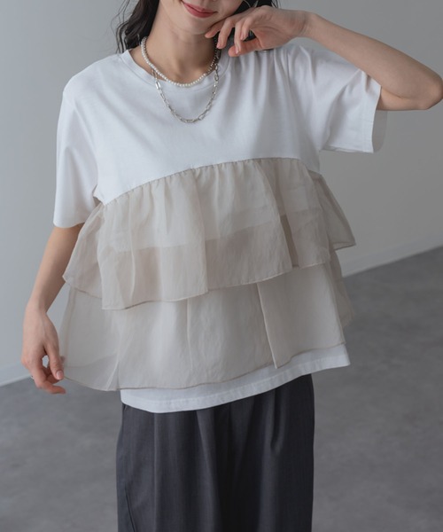 SABUROKU(サブロク)の「【SABUROKU】シアー感 のある フリル で華やぐ デザイン 半袖 Tシャツ(Tシャツ/カットソー・レディース・ベージュ/グレー/ブラック・M)」の16枚目の写真