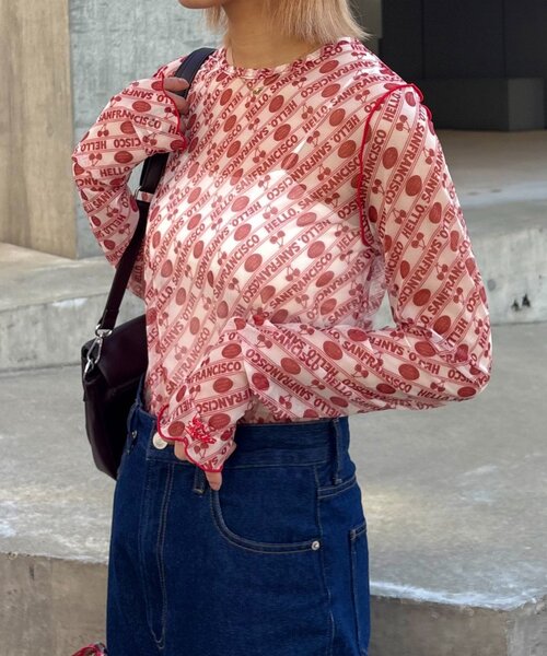 HELLO.SANFRANCISCO(ハローサンフランシスコ)の「【HELLO.SANFRANCISCO/ハローサンフランシスコ】チェリー柄シアープリントTEE(Tシャツ/カットソー・レディース・レッド/ブラウン/ブラック・ONE SIZE)」の2枚目の写真