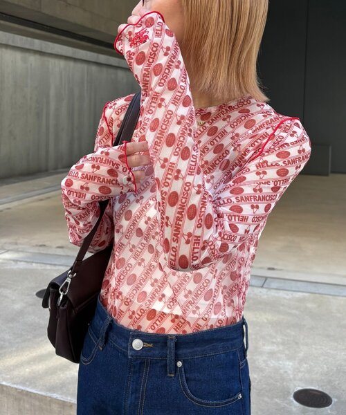 HELLO.SANFRANCISCO(ハローサンフランシスコ)の「【HELLO.SANFRANCISCO/ハローサンフランシスコ】チェリー柄シアープリントTEE(Tシャツ/カットソー・レディース・レッド/ブラウン/ブラック・ONE SIZE)」の5枚目の写真