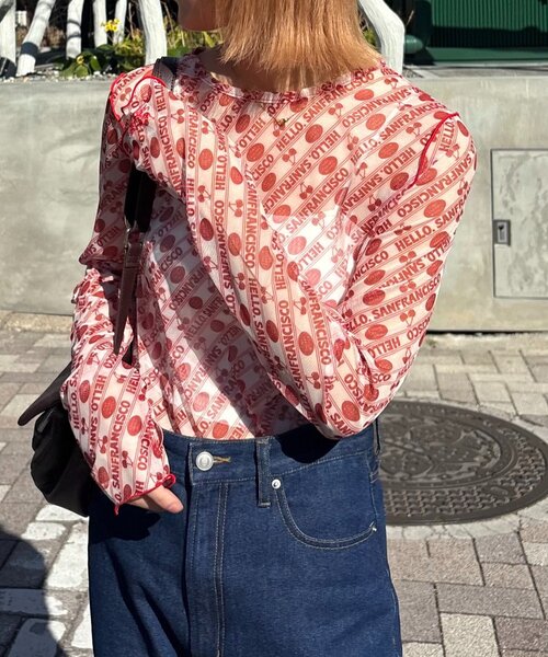 HELLO.SANFRANCISCO(ハローサンフランシスコ)の「【HELLO.SANFRANCISCO/ハローサンフランシスコ】チェリー柄シアープリントTEE(Tシャツ/カットソー・レディース・レッド/ブラウン/ブラック・ONE SIZE)」の6枚目の写真