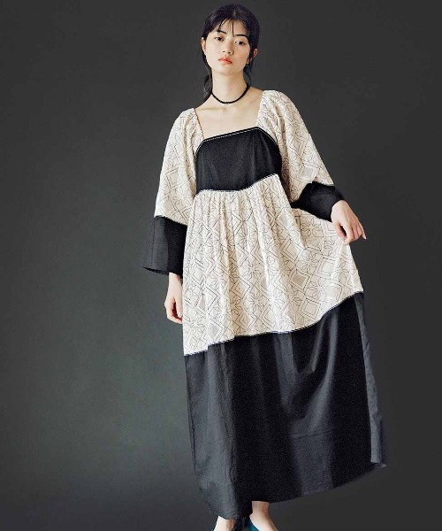 ＭＥＤＥ１９Ｆ　〈ＭＡＤＥ　ＩＮ　ＩＮＤＩＡ　ＣＯＬＬＥＣＴＩＯＮ〉バイカラーコットンドレス〈アイボリー×ブラック〉