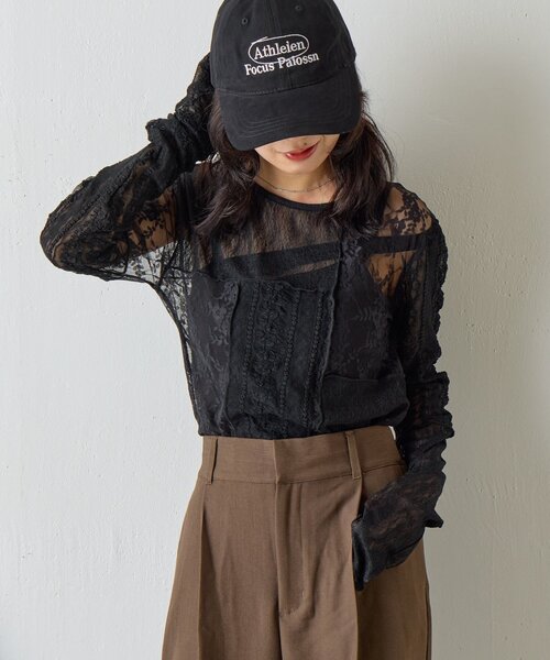 goocy（グーシー）の「レースパッチワークトップス（Tシャツ/カットソー・レディース・ブラック/アイボリー・FREE）」の2枚目の写真
