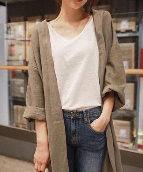 Flugge（フラッジー）の「リネンライクロングガウン（その他トップス・レディース・ネイビー/ベージュ・LARGE/MEDIUM）」の4枚目の写真