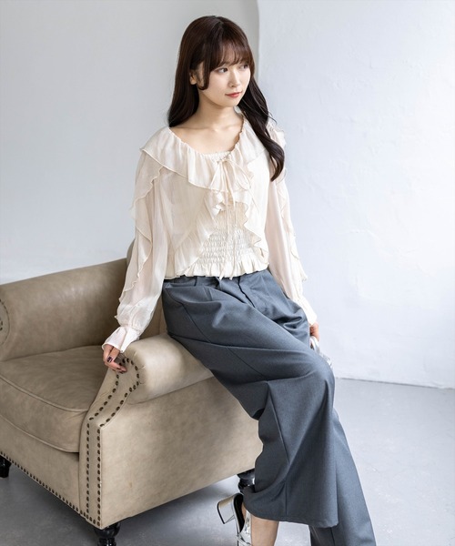 clear（クリア）の「ラメシアーフリルアンサンブル［骨格ウェーブ/シャーリング/フェミニン］（シャツ/ブラウス・レディース・ミント/オフホワイト/ライトベージュ/ブラック/ピンク・F）」の18枚目の写真