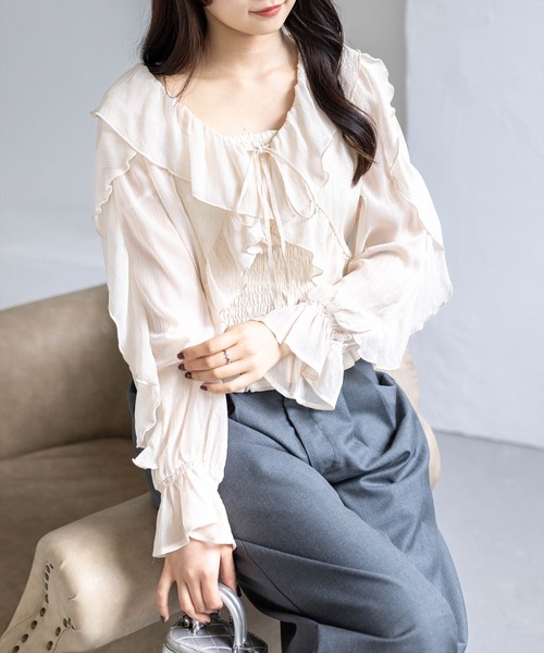 clear（クリア）の「ラメシアーフリルアンサンブル［骨格ウェーブ/シャーリング/フェミニン］（シャツ/ブラウス・レディース・ミント/オフホワイト/ライトベージュ/ブラック/ピンク・F）」の17枚目の写真