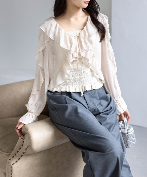 clear（クリア）の「ラメシアーフリルアンサンブル［骨格ウェーブ/シャーリング/フェミニン］（シャツ/ブラウス・レディース・ミント/オフホワイト/ライトベージュ/ブラック/ピンク・F）」の16枚目の写真