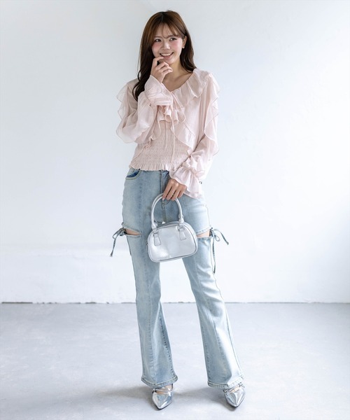 clear（クリア）の「ラメシアーフリルアンサンブル［骨格ウェーブ/シャーリング/フェミニン］（シャツ/ブラウス・レディース・ミント/オフホワイト/ライトベージュ/ブラック/ピンク・F）」の11枚目の写真