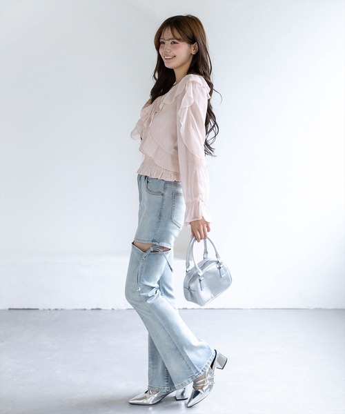 clear（クリア）の「ラメシアーフリルアンサンブル［骨格ウェーブ/シャーリング/フェミニン］（シャツ/ブラウス・レディース・ミント/オフホワイト/ライトベージュ/ブラック/ピンク・F）」の13枚目の写真