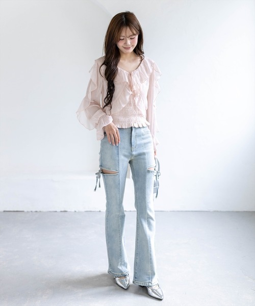 clear（クリア）の「ラメシアーフリルアンサンブル［骨格ウェーブ/シャーリング/フェミニン］（シャツ/ブラウス・レディース・ミント/オフホワイト/ライトベージュ/ブラック/ピンク・F）」の14枚目の写真