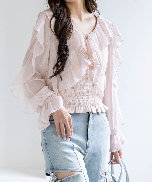 clear（クリア）の「ラメシアーフリルアンサンブル［骨格ウェーブ/シャーリング/フェミニン］（シャツ/ブラウス・レディース・ミント/オフホワイト/ライトベージュ/ブラック/ピンク・F）」の6枚目の写真