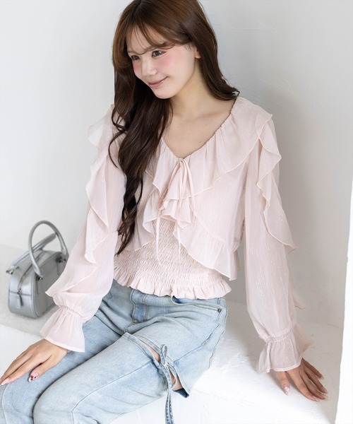 clear（クリア）の「ラメシアーフリルアンサンブル［骨格ウェーブ/シャーリング/フェミニン］（シャツ/ブラウス・レディース・ミント/オフホワイト/ライトベージュ/ブラック/ピンク・F）」の7枚目の写真