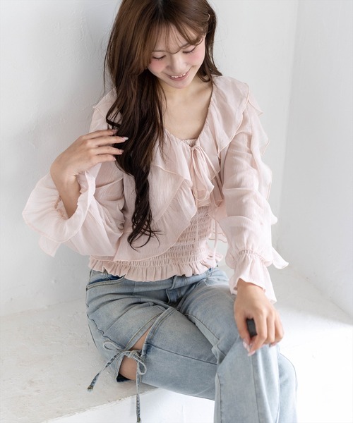 clear（クリア）の「ラメシアーフリルアンサンブル［骨格ウェーブ/シャーリング/フェミニン］（シャツ/ブラウス・レディース・ミント/オフホワイト/ライトベージュ/ブラック/ピンク・F）」の8枚目の写真