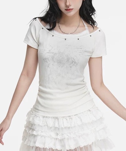 .KOM(ドットコム)の「A'GEM/9 × .kom 『.KOM/ドットケーオーエム』レースホルターレイヤードトップス(Tシャツ/カットソー・レディース・ホワイト/グレー・FREE)」の1枚目の写真