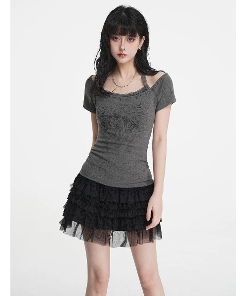 .KOM(ドットコム)の「A'GEM/9 × .kom 『.KOM/ドットケーオーエム』レースホルターレイヤードトップス(Tシャツ/カットソー・レディース・ホワイト/グレー・FREE)」の4枚目の写真