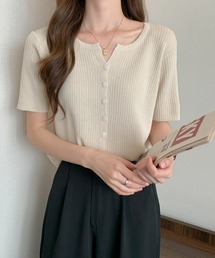 SEU | リブニット 半袖カーディガン トップス オフィスカジュアル きれいめカジュアル レディース韓国風(カーディガン/ボレロ)