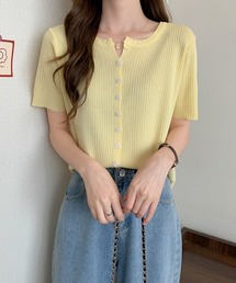 リブニット 半袖カーディガン トップス オフィスカジュアル きれいめカジュアル レディース韓国風