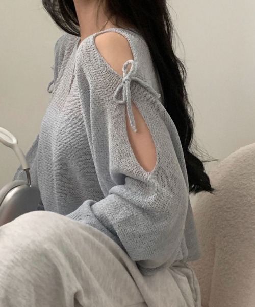 mielu（ミエル）の「ポイントリボンスリットサマーニット（ニット/セーター・レディース・グレー/ホワイト/ブラック・FREE）」の6枚目の写真