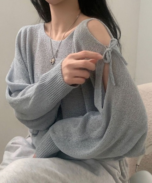 mielu（ミエル）の「ポイントリボンスリットサマーニット（ニット/セーター・レディース・グレー/ホワイト/ブラック・FREE）」の8枚目の写真