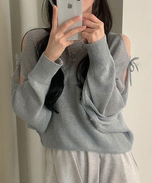mielu（ミエル）の「ポイントリボンスリットサマーニット（ニット/セーター・レディース・グレー/ホワイト/ブラック・FREE）」の10枚目の写真