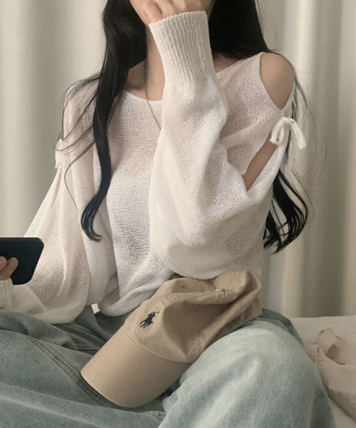 mielu（ミエル）の「ポイントリボンスリットサマーニット（ニット/セーター・レディース・グレー/ホワイト/ブラック・FREE）」の12枚目の写真