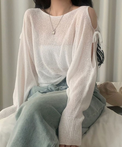 mielu（ミエル）の「ポイントリボンスリットサマーニット（ニット/セーター・レディース・グレー/ホワイト/ブラック・FREE）」の13枚目の写真