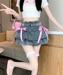 デニム ストレッチ ティアード プリーツ スカート