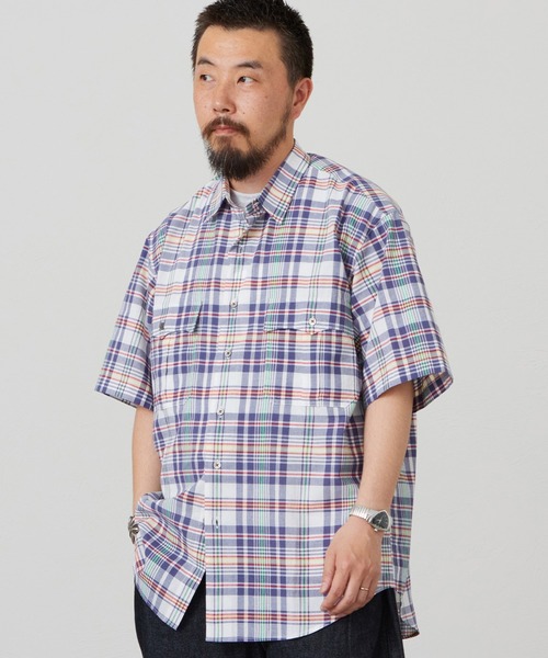 Lee(リー)の「Lee/リー ハーフスリーブサファリシャツ ライトウエイトマドラスチェック(シャツ/ブラウス・メンズ・ネイビー/レッド/オレンジ・SMALL/MEDIUM/LARGE/X-LARGE)」の1枚目の写真