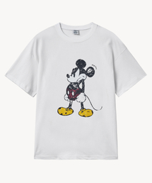ヴィンテージピグメントダメージウォッシュ アングリーミッキー Tシャツ (ホワイト)