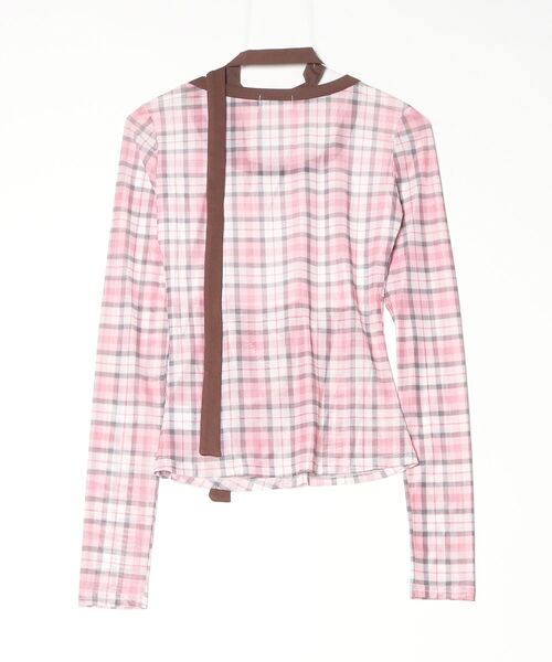tinkerend（ティンカーエンド）の「【首紐付き】Retro Check Long T-shirt / レトロチェックロングTシャツ（Tシャツ/カットソー・レディース・ピンク/レッド・FREE）」の6枚目の写真