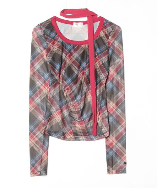 tinkerend（ティンカーエンド）の「【首紐付き】Retro Check Long T-shirt / レトロチェックロングTシャツ（Tシャツ/カットソー・レディース・ピンク/レッド・FREE）」の7枚目の写真