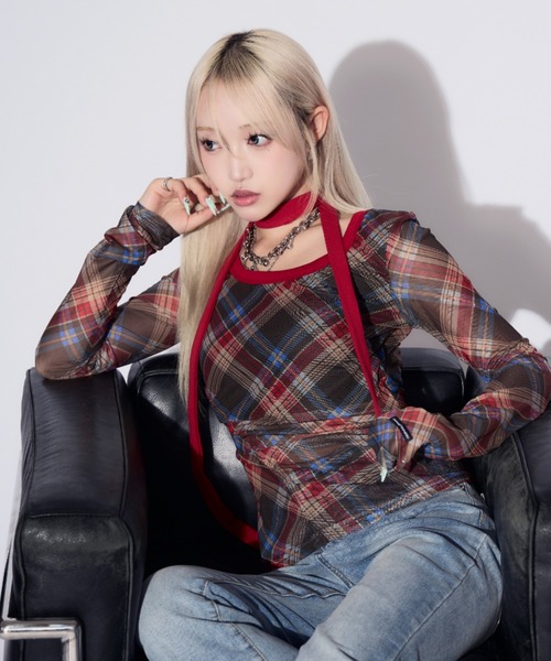 tinkerend（ティンカーエンド）の「【首紐付き】Retro Check Long T-shirt / レトロチェックロングTシャツ（Tシャツ/カットソー・レディース・ピンク/レッド・FREE）」の15枚目の写真