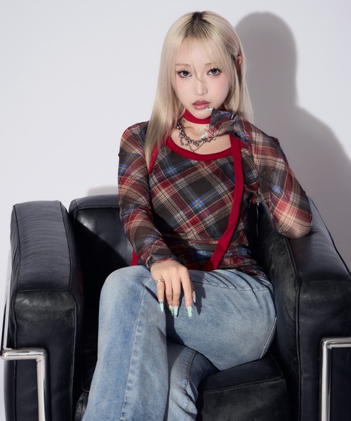 tinkerend（ティンカーエンド）の「【首紐付き】Retro Check Long T-shirt / レトロチェックロングTシャツ（Tシャツ/カットソー・レディース・ピンク/レッド・FREE）」の14枚目の写真