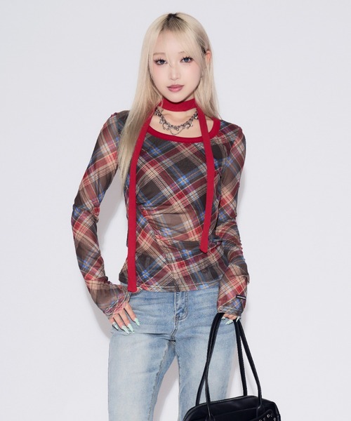 tinkerend（ティンカーエンド）の「【首紐付き】Retro Check Long T-shirt / レトロチェックロングTシャツ（Tシャツ/カットソー・レディース・ピンク/レッド・FREE）」の10枚目の写真