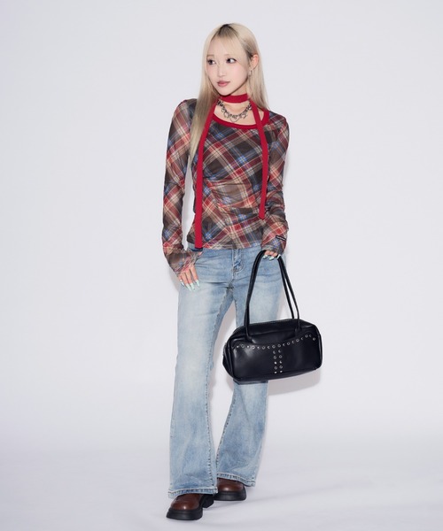 tinkerend（ティンカーエンド）の「【首紐付き】Retro Check Long T-shirt / レトロチェックロングTシャツ（Tシャツ/カットソー・レディース・ピンク/レッド・FREE）」の9枚目の写真
