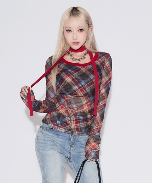 tinkerend（ティンカーエンド）の「【首紐付き】Retro Check Long T-shirt / レトロチェックロングTシャツ（Tシャツ/カットソー・レディース・ピンク/レッド・FREE）」の11枚目の写真