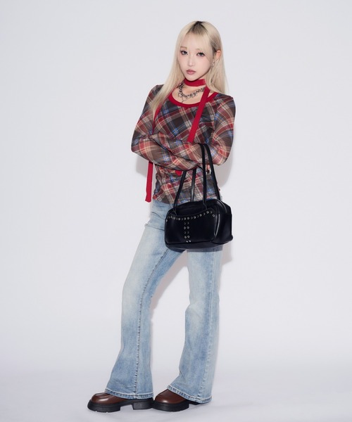 tinkerend（ティンカーエンド）の「【首紐付き】Retro Check Long T-shirt / レトロチェックロングTシャツ（Tシャツ/カットソー・レディース・ピンク/レッド・FREE）」の3枚目の写真