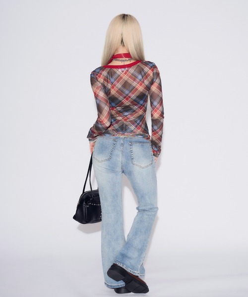 tinkerend（ティンカーエンド）の「【首紐付き】Retro Check Long T-shirt / レトロチェックロングTシャツ（Tシャツ/カットソー・レディース・ピンク/レッド・FREE）」の4枚目の写真