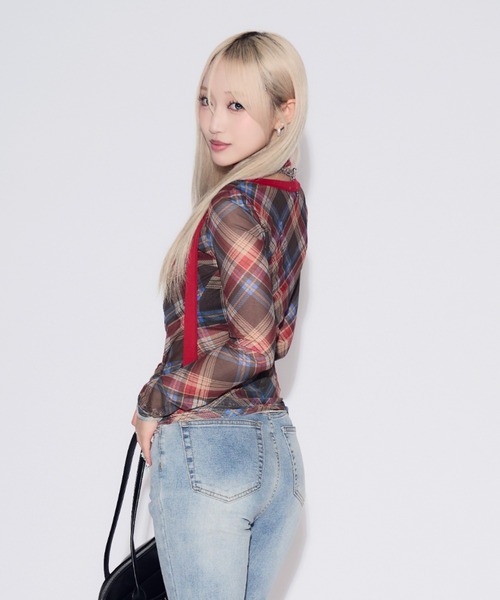 tinkerend（ティンカーエンド）の「【首紐付き】Retro Check Long T-shirt / レトロチェックロングTシャツ（Tシャツ/カットソー・レディース・ピンク/レッド・FREE）」の12枚目の写真