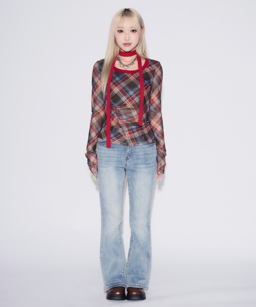 tinkerend（ティンカーエンド）の「【首紐付き】Retro Check Long T-shirt / レトロチェックロングTシャツ（Tシャツ/カットソー・レディース・ピンク/レッド・FREE）」の8枚目の写真