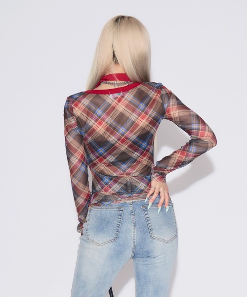 tinkerend（ティンカーエンド）の「【首紐付き】Retro Check Long T-shirt / レトロチェックロングTシャツ（Tシャツ/カットソー・レディース・ピンク/レッド・FREE）」の13枚目の写真