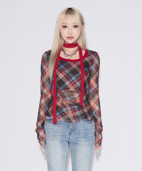 tinkerend（ティンカーエンド）の「【首紐付き】Retro Check Long T-shirt / レトロチェックロングTシャツ（Tシャツ/カットソー・レディース・ピンク/レッド・FREE）」の21枚目の写真
