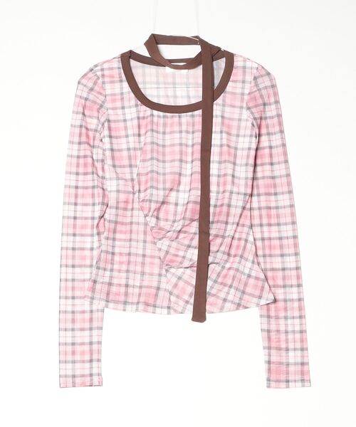 tinkerend（ティンカーエンド）の「【首紐付き】Retro Check Long T-shirt / レトロチェックロングTシャツ（Tシャツ/カットソー・レディース・ピンク/レッド・FREE）」の5枚目の写真