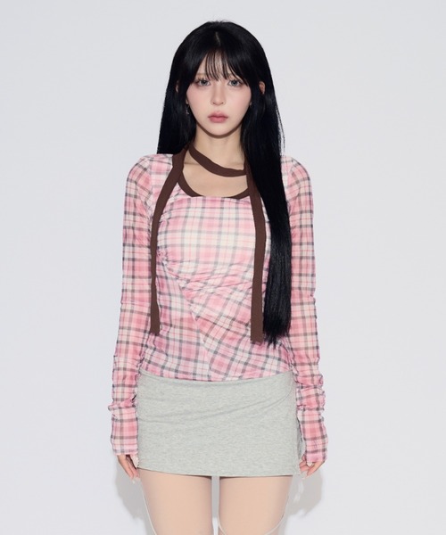 tinkerend（ティンカーエンド）の「【首紐付き】Retro Check Long T-shirt / レトロチェックロングTシャツ（Tシャツ/カットソー・レディース・ピンク/レッド・FREE）」の22枚目の写真