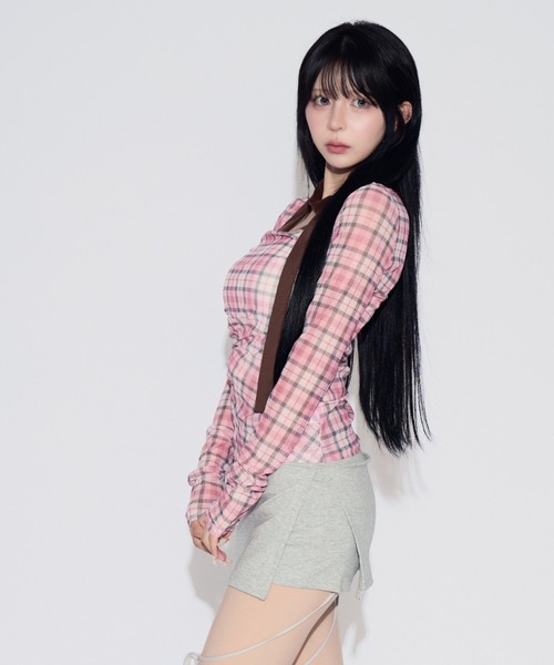 tinkerend（ティンカーエンド）の「【首紐付き】Retro Check Long T-shirt / レトロチェックロングTシャツ（Tシャツ/カットソー・レディース・ピンク/レッド・FREE）」の16枚目の写真