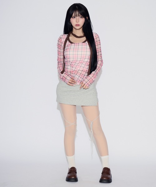 tinkerend（ティンカーエンド）の「【首紐付き】Retro Check Long T-shirt / レトロチェックロングTシャツ（Tシャツ/カットソー・レディース・ピンク/レッド・FREE）」の17枚目の写真