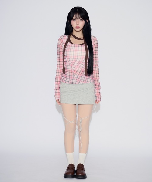 tinkerend（ティンカーエンド）の「【首紐付き】Retro Check Long T-shirt / レトロチェックロングTシャツ（Tシャツ/カットソー・レディース・ピンク/レッド・FREE）」の18枚目の写真