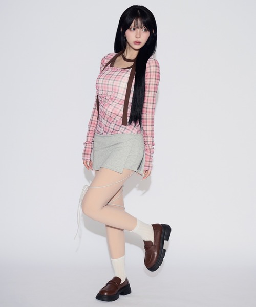 tinkerend（ティンカーエンド）の「【首紐付き】Retro Check Long T-shirt / レトロチェックロングTシャツ（Tシャツ/カットソー・レディース・ピンク/レッド・FREE）」の19枚目の写真