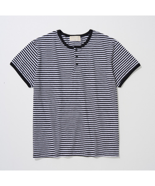 And Again（アンドアゲイン）の「スリムストライプヘンリーネックリンガーTシャツ（Tシャツ/カットソー・メンズ・ネイビー/ブラック×グレー/ブラック×ホワイト・FREE）」の3枚目の写真